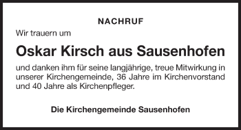 Traueranzeige von Oskar Kirsch von Altmühl-Bote Lokal