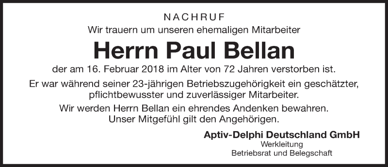  Traueranzeige für Paul Bellan vom 20.02.2018 aus Neumarkter Nachrichten Lokal