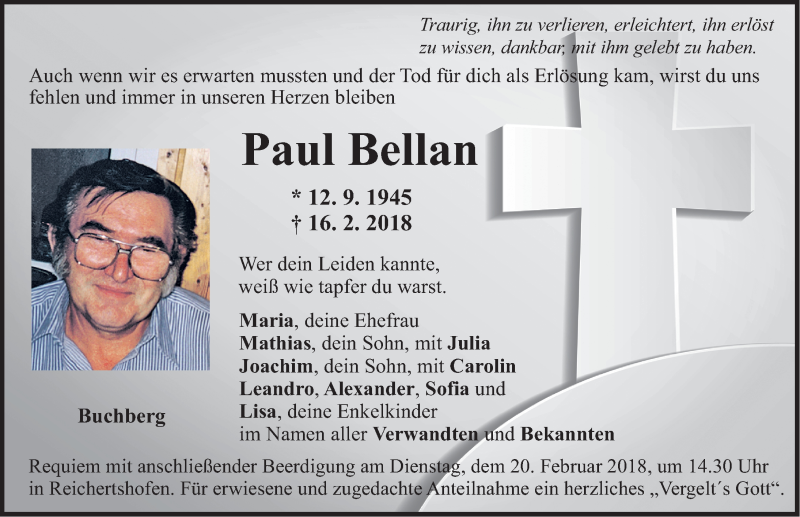  Traueranzeige für Paul Bellan vom 19.02.2018 aus Neumarkter Nachrichten Lokal