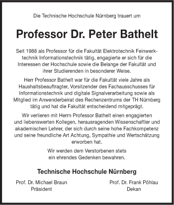Traueranzeige von Peter Bathelt von Gesamtausgabe Nürnberger Nachrichten/ Nürnberger Ztg.