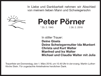 Traueranzeige von Peter Pörner von Gesamtausgabe Nürnberger Nachrichten/ Nürnberger Ztg.