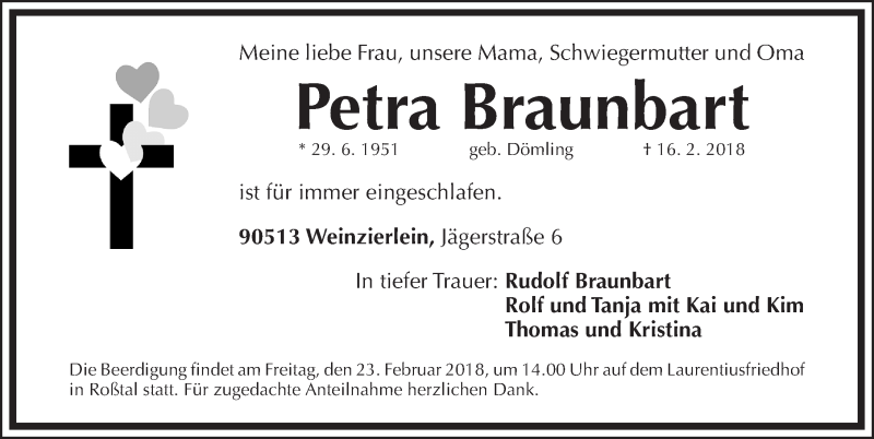  Traueranzeige für Petra Braunbart vom 19.02.2018 aus Fürther Nachrichten Lokal