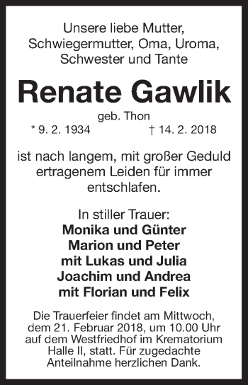 Traueranzeige von Renate Gawlik von Gesamtausgabe Nürnberger Nachrichten/ Nürnberger Ztg.