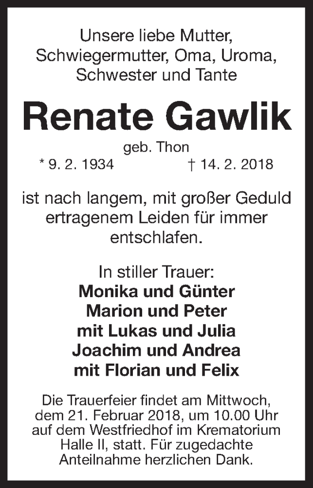  Traueranzeige für Renate Gawlik vom 17.02.2018 aus Gesamtausgabe Nürnberger Nachrichten/ Nürnberger Ztg.