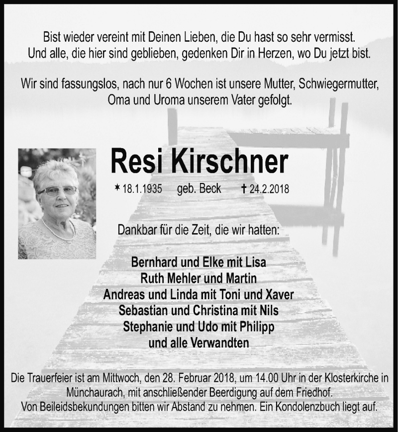  Traueranzeige für Resi Kirschner vom 26.02.2018 aus Erlanger Nachrichten Lokal