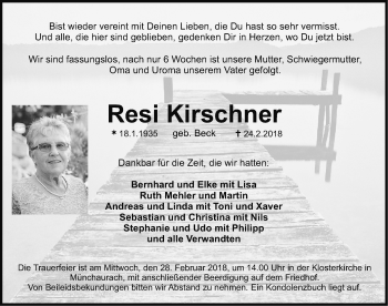 Traueranzeige von Resi Kirschner von Nordbayerische Nachrichten Herzogenaurach Lokal