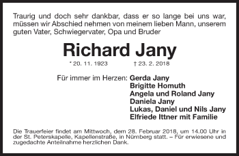Traueranzeige von Richard Jany von Gesamtausgabe Nürnberger Nachrichten/ Nürnberger Ztg.