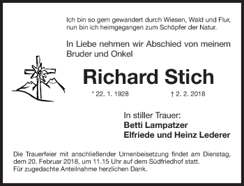 Traueranzeige von Richard Stich von Gesamtausgabe Nürnberger Nachrichten/ Nürnberger Ztg.