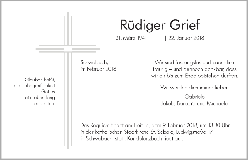 Traueranzeige für Rüdiger Grief vom 03.02.2018 aus Gesamtausgabe Nürnberger Nachrichten/ Nürnberger Ztg.