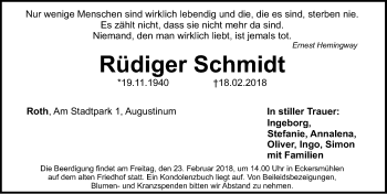 Traueranzeige von Rüdiger Schmidt von Roth-Hilpoltsteiner Volkszeitung Lokal