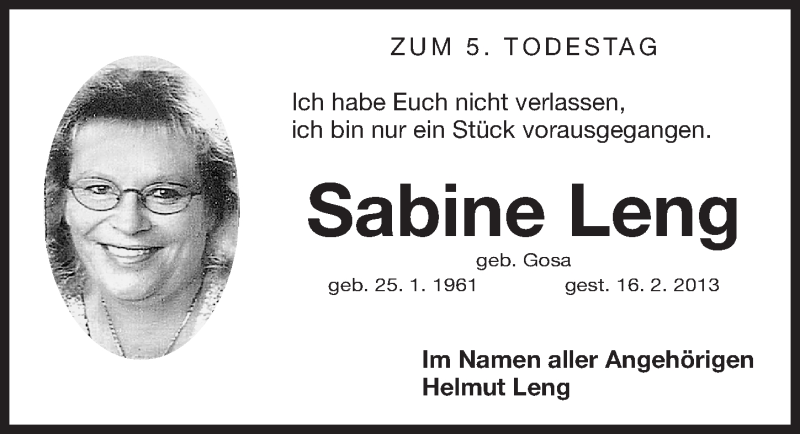 Traueranzeige für Sabine Leng vom 16.02.2018 aus Fürther Nachrichten Lokal