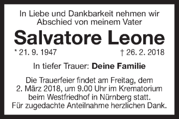 Traueranzeige von Salvatore Leone von Gesamtausgabe Nürnberger Nachrichten/ Nürnberger Ztg.