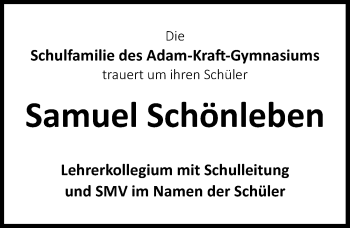 Traueranzeige von Samuel Schönleben von Schwabach