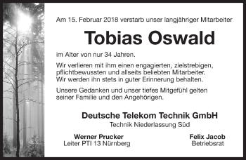 Traueranzeige von Tobias Oswald von Gesamtausgabe Nürnberger Nachrichten/ Nürnberger Ztg.