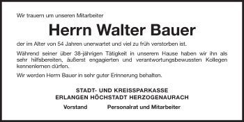 Traueranzeige von Walter Bauer von Erlanger Nachrichten Lokal