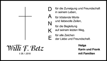 Traueranzeige von Willi F. Betz von Schwabach