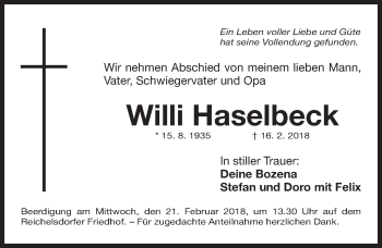 Traueranzeige von Willi Haselbeck von Gesamtausgabe Nürnberger Nachrichten/ Nürnberger Ztg.