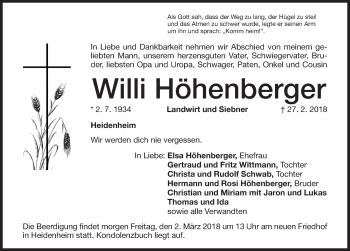 Traueranzeige von Willi Höhenberger von Altmühl-Bote Lokal