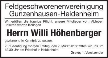 Traueranzeige von Willi Höhenberger von Altmühl-Bote Lokal