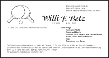 Traueranzeige von Willi F. Betz von Gesamtausgabe Nürnberger Nachrichten/ Nürnberger Ztg.