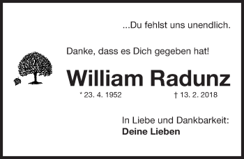 Traueranzeige von William Radunz von Erlanger Nachrichten Lokal