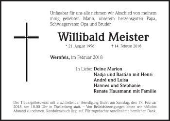 Traueranzeige von Willibald Meister von Roth-Hilpoltsteiner Volkszeitung Lokal