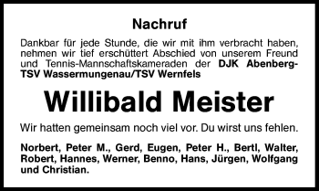 Traueranzeige von Willibald Meister von Schwabach