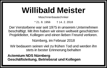 Traueranzeige von Willibald Meister von Gesamtausgabe Nürnberger Nachrichten/ Nürnberger Ztg.