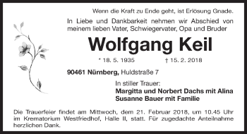 Traueranzeige von Wolfgang Keil von Gesamtausgabe Nürnberger Nachrichten/ Nürnberger Ztg.