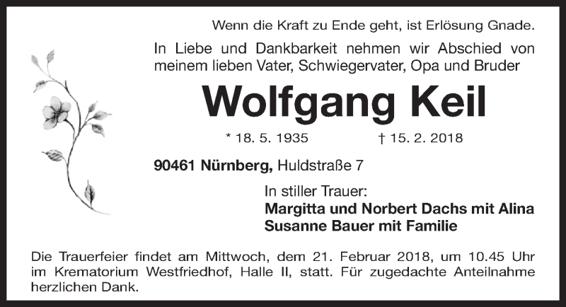  Traueranzeige für Wolfgang Keil vom 17.02.2018 aus Gesamtausgabe Nürnberger Nachrichten/ Nürnberger Ztg.
