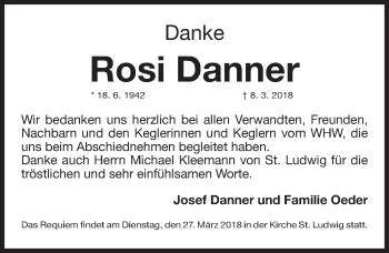 Traueranzeige von Rosi Danner von Gesamtausgabe Nürnberger Nachrichten/ Nürnberger Ztg.