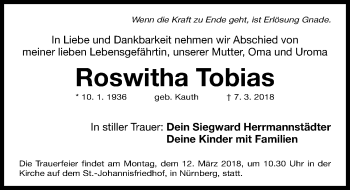 Traueranzeige von Roswitha Tobias von Gesamtausgabe Nürnberger Nachrichten/ Nürnberger Ztg.