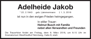 Traueranzeige von Adelheide Jakob von Gesamtausgabe Nürnberger Nachrichten/ Nürnberger Ztg.