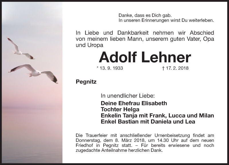  Traueranzeige für Adolf Lehner vom 06.03.2018 aus Nordbayerische Nachrichten Pegnitz Lokal