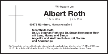 Traueranzeige von Albert Roth von Gesamtausgabe Nürnberger Nachrichten/ Nürnberger Ztg.