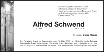 Traueranzeige von Alfred Schwend von Gesamtausgabe Nürnberger Nachrichten/ Nürnberger Ztg.