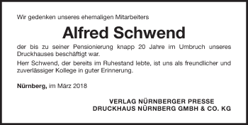 Traueranzeige von Alfred Schwend von Gesamtausgabe Nürnberger Nachrichten/ Nürnberger Ztg.