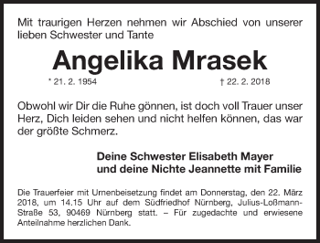 Traueranzeige von Angelika Mrasek von Gesamtausgabe Nürnberger Nachrichten/ Nürnberger Ztg.