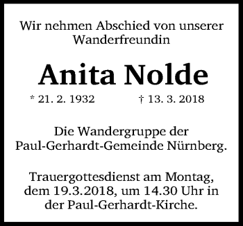 Traueranzeige von Anita Nolde von Gesamtausgabe Nürnberger Nachrichten/ Nürnberger Ztg.