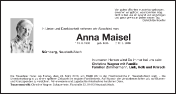 Traueranzeige von Anna Maisel von Gesamtausgabe Nürnberger Nachrichten/ Nürnberger Ztg.