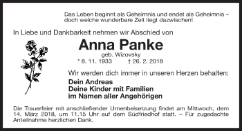 Traueranzeige von Anna Panke von Gesamtausgabe Nürnberger Nachrichten/ Nürnberger Ztg.