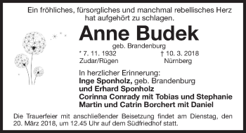 Traueranzeige von Anne Budek von Gesamtausgabe Nürnberger Nachrichten/ Nürnberger Ztg.