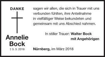 Traueranzeige von Annelie Bock von Gesamtausgabe Nürnberger Nachrichten/ Nürnberger Ztg.
