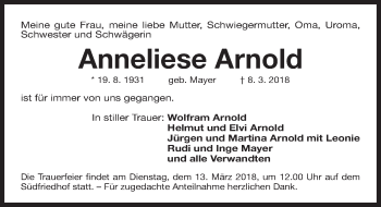 Traueranzeige von Anneliese Arnold von Gesamtausgabe Nürnberger Nachrichten/ Nürnberger Ztg.