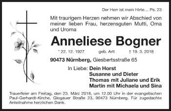 Traueranzeige von Anneliese Bogner von Gesamtausgabe Nürnberger Nachrichten/ Nürnberger Ztg.