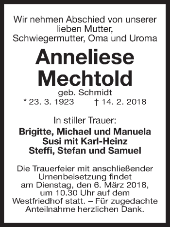 Traueranzeige von Anneliese Mechtold von Gesamtausgabe Nürnberger Nachrichten/ Nürnberger Ztg.
