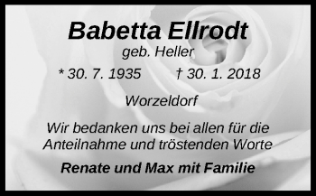 Traueranzeige von Babette Ellrodt von Gesamtausgabe Nürnberger Nachrichten/ Nürnberger Ztg.