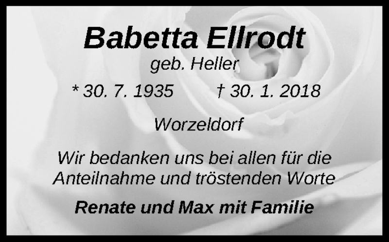  Traueranzeige für Babette Ellrodt vom 17.03.2018 aus Gesamtausgabe Nürnberger Nachrichten/ Nürnberger Ztg.