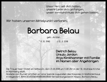 Traueranzeige von Barbara Belau von Gesamtausgabe Nürnberger Nachrichten/ Nürnberger Ztg.