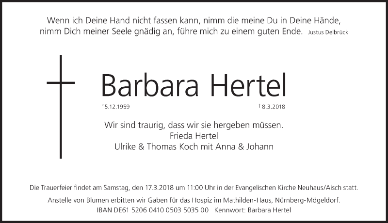  Traueranzeige für Barbara Hertel vom 10.03.2018 aus Gesamtausgabe Nürnberger Nachrichten/ Nürnberger Ztg.